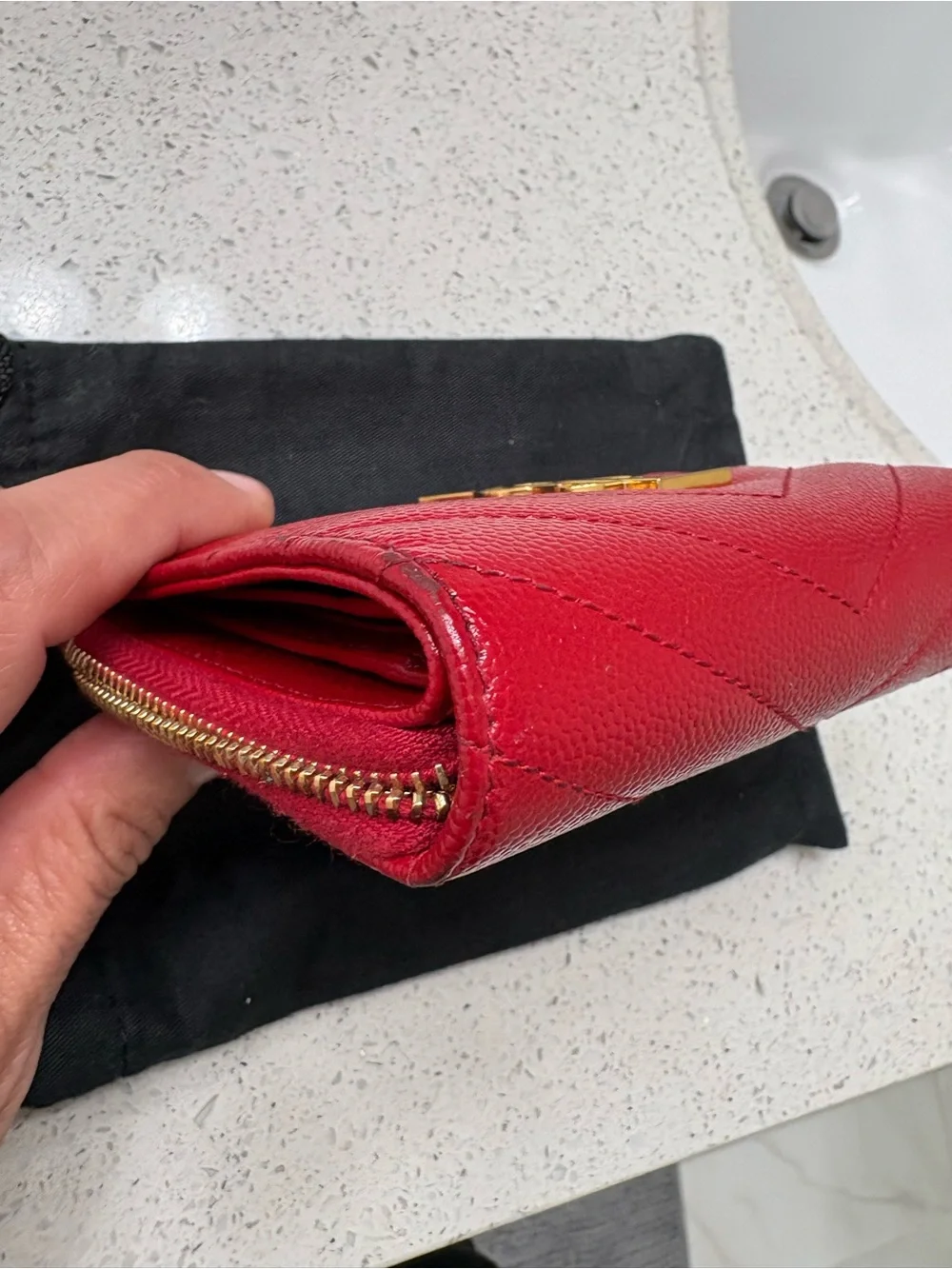 Yves Saint Laurent Red Quilted Zip Wallet with Gold YSL Logo